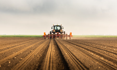 Agricultural machinery - Tractor and seeder for sowing cornの写真素材