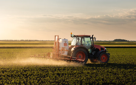 The tractor spraying soy at sunset in a lush green field.の写真素材