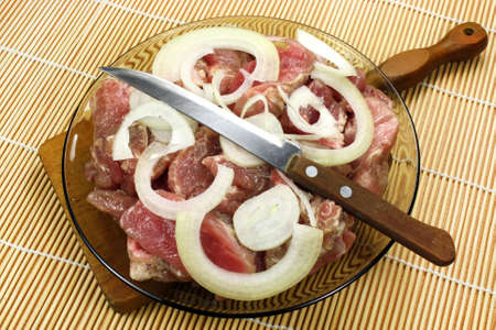 Pieces of fresh meat with onions and a lemonの写真素材