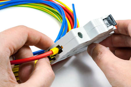 Connect the circuit breaker to the power cable on a white background