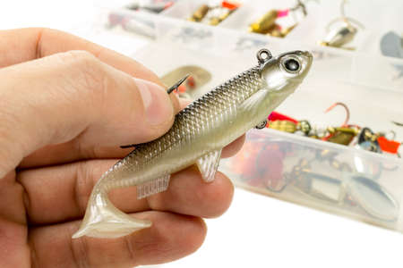 Silicone fish for pike in the hands of the fisherman on the fishing accessories backgroundの写真素材