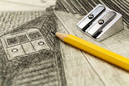 Graphite pencil on a background of black-and-white drawingの写真素材