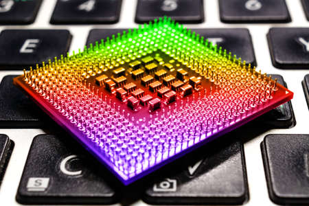 Computer processor closeup on laptop keyboard background. Toned imageの写真素材