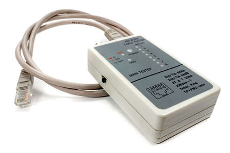 Network cable tester with UTP cable on a white background