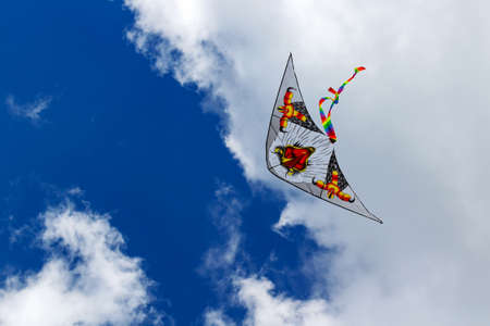 Flying kite on a blue sky backgroundの写真素材