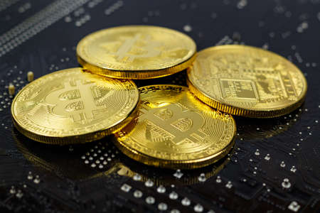 Golden bitcoins on the black background closeup. Cryptocurrency virtual moneyの写真素材