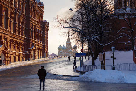 Moscow, Russia - February 01, 2018: Kremlevskiy driveway in Red square in Moscow. View from Manezhnaya squareのeditorial素材