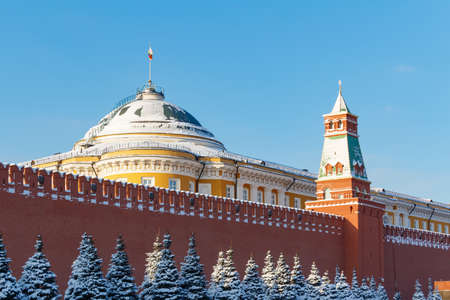 Moscow, Russia - February 01, 2018: Building of Senate Palace on the background of Senate tower. Moscow Kremlin at sunny winter dayのeditorial素材