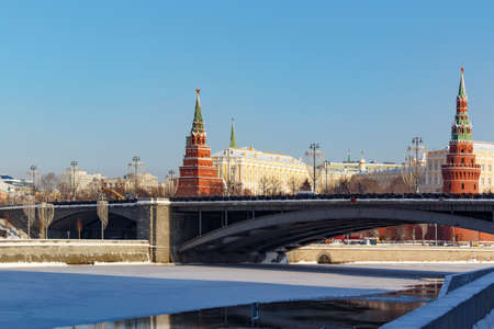 Moscow, Russia - February 01, 2018: Towers of Moscow Kremlin on the Bol'shoy Kamennyy Bridge...