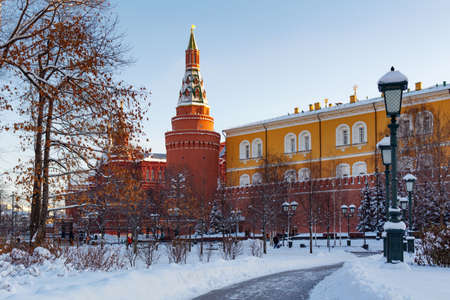 Moscow, Russia - February 01, 2018: Towers of Moscow Kremlin on the snow-covered trees background. Views from Alexandrovsky gardenのeditorial素材