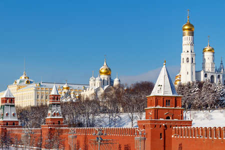 Moscow, Russia - February 01, 2018: Cathedral of the Archangel with golden domes in Moscow Kremlin. Moscow in winterのeditorial素材