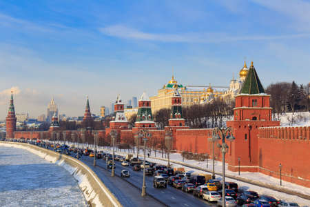 Moscow, Russia - February 14, 2018: Kremlevskaya embankment on a sunny winter morning. Moscow in winterのeditorial素材