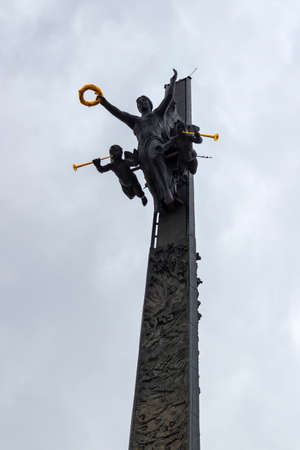 Moscow, Russia - March 22, 2018: Bronze figure of the goddess of victory Nika with two angels on Poklonnaya Hillのeditorial素材