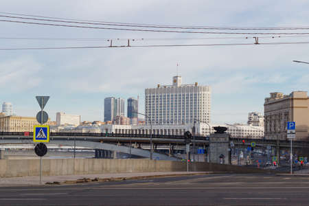 Moscow, Russia - March 25, 2018: Building of Russian Federation Government House against the backdrop of bridges across the Moskva riverのeditorial素材