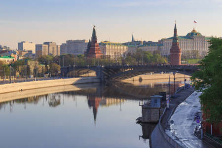 Moskva river embankments on a Moscow Kremlin background in sunny spring morningの写真素材