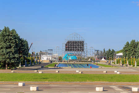Moscow, Russia - June 02, 2018: Construction of fan zone for FIFA Fan Fest 2018 on the Sparrow Hills...