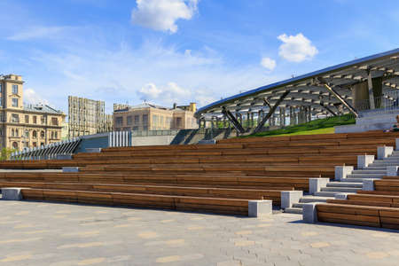 Moscow, Russia - June 03, 2018: Large amphitheater benches in Zaryadye Park closeup on a blue sky backgroundのeditorial素材