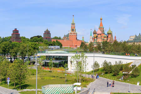 Moscow, Russia - June 03, 2018: View of Moscow Kremlin and St. Basil's Cathedral from Zaryadye Park on a sunny summer morningのeditorial素材