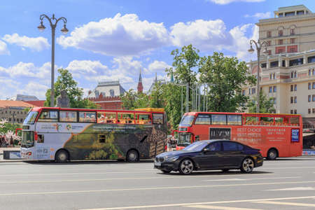 Moscow, Russia - June 03, 2018: Tourist buses near Revolution square in Moscow on a sunny summer morningのeditorial素材