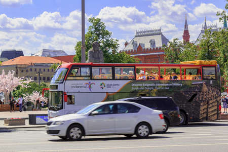 Moscow, Russia - June 03, 2018: Tourist bus on the street in Moscow on a sunny summer morningのeditorial素材