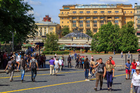 Moscow, Russia - June 03, 2018: Tourists walk on Kremlevskiy Proyezd street near Moscow Kremlin in sunny summer morningのeditorial素材