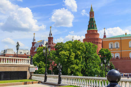 Moscow, Russia - June 03, 2018: Buildings of Moscow Kremlin and State Historical Museum against blue sky. View from Manezhnaya Squareのeditorial素材