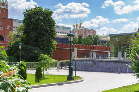 Moscow, Russia - June 03, 2018: Alexandrovsky Garden and buildings of Moscow Kremlin against blue sky on a sunny summer morningのeditorial素材