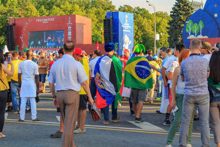 Moscow, Russia - June 28, 2018: Football fans from different countries on a FIFA Fan Fest 2018 in Moscowのeditorial素材