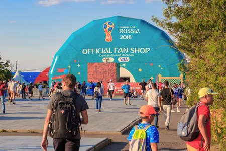 Moscow, Russia - June 28, 2018: Official fan shop of FIFA World Cup Russia 2018 on Sparrow hills in sunny summer eveningのeditorial素材