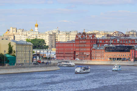 Moscow, Russia - July 30, 2018: Tourist boats floating on Moskva river in the center of Moscow on a summer dayのeditorial素材
