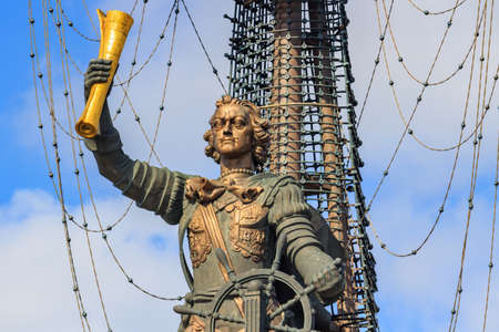 Moscow, Russia - July 30, 2018: Statue of russian Tsar Peter the Great closeup against blue skyのeditorial素材