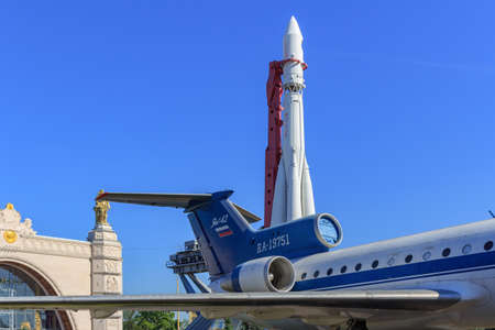 Moscow, Russia - August 01, 2018: Tail with engines and wing of soviet aircraft Yak-42 against...