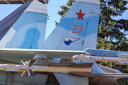 Moscow, Russia - August 01, 2018: Armament of russian fighter SU-27 closeup on Exhibition of Achievements of National Economy (VDNH) in Moscow on a sunny summer morningのeditorial素材