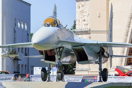 Moscow, Russia - August 01, 2018: Russian fighter SU-27 closeup on Exhibition of Achievements of...