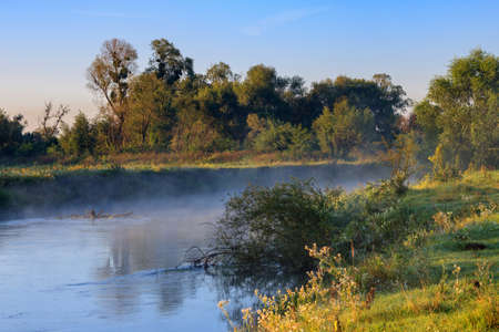 Fog above the river surface at sunrise in summer morning. River landscape