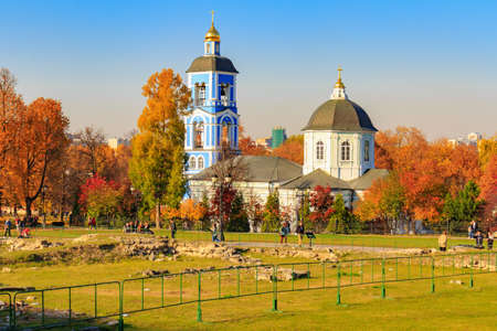 Moscow, Russia - October 17, 2018: View of Church of the icon of the mother of God Life-giving spring in Tsaritsyno park in Moscow at sunny autumn dayのeditorial素材
