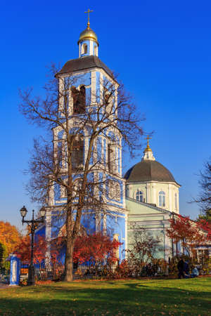 Moscow, Russia - October 17, 2018: Church of the icon of the mother of God on a background of lawn...