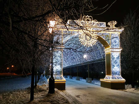 Moscow, Russia - December 17, 2018: Christmas light decorations in Tsaritsyno park in Moscow at winter nightのeditorial素材