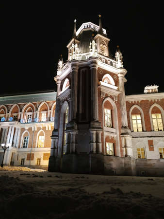 Moscow, Russia - December 17, 2018: Tower of Grand palace in Tsaritsyno park with light decorations at Moscow winter nightのeditorial素材