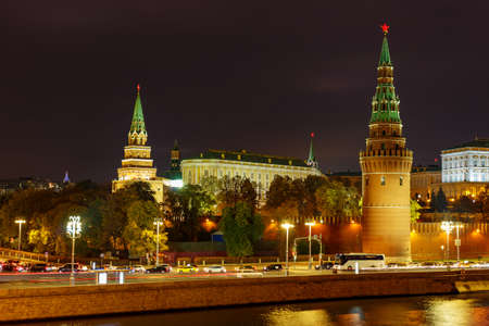 Moscow, Russia - October 20, 2018: Towers of Moscow Kremlin with night illumination. Landscape of...