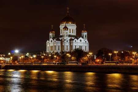 Moscow, Russia - October 20, 2018: Cathedral of Christ the Saviour against Moskva river at nightのeditorial素材