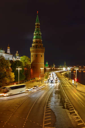 Moscow, Russia - October 20, 2018: Tower of Moscow Kremlin and Kremlevskaya embankment at night. Urban landscapeのeditorial素材