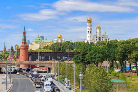 Moscow, Russia - June 21, 2018: View of Moscow Kremlin and Moskva river embankment from Zaryadye Park at sunny morningのeditorial素材