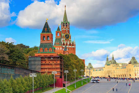 Moscow, Russia - September 30, 2018: View of Moscow Kremlin towers and Red square in sunny day against blue sky with white cloudsのeditorial素材
