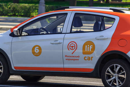 Moscow, Russia - August 01, 2018: Modern car of Moscow Carsharing in the parking lot closeup at...