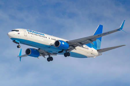 Moscow, Russia - March 14, 2019: Aircraft Boeing 737-800 VP-BPS of Pobeda Airine going to landing at...