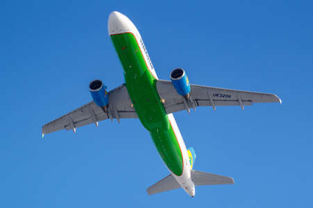 Moscow, Russia - March 20, 2019: Aircraft Airbus A320-214 UK32011 of Uzbekistan Airways takes off at...