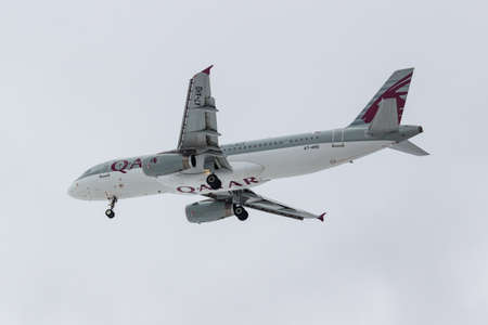 Moscow, Russia - March 17, 2019: Aircraft Airbus A320-232 A7-AHD of Qatar Airways going to landing...