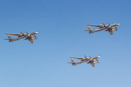 Moscow, Russia - May 07, 2019: Turboprop strategic bomber-missile carrier TU-95MS in the blue sky...