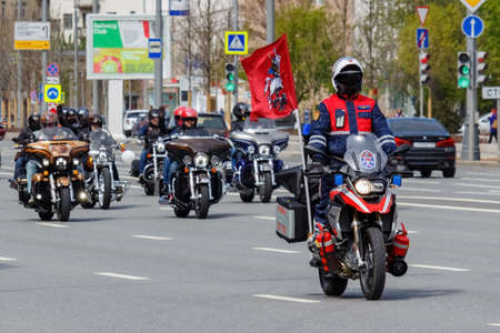 Moscow, Russia - May 04, 2019: Bikers in an organized column ride along Garden Ring in Moscow. Motofestival MosMotoFest 2019. Official opening of motoseasonのeditorial素材